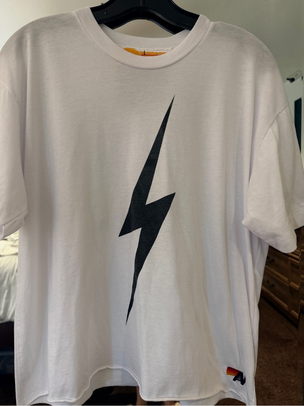 White  Women’s Graphic T-Shirt with Black Lightning Bolt AVIATOR NATION